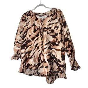 Umgee Cream Taupe Brown Animal Print V-Neck Blouse with 3/4 Sleeves, EUC!